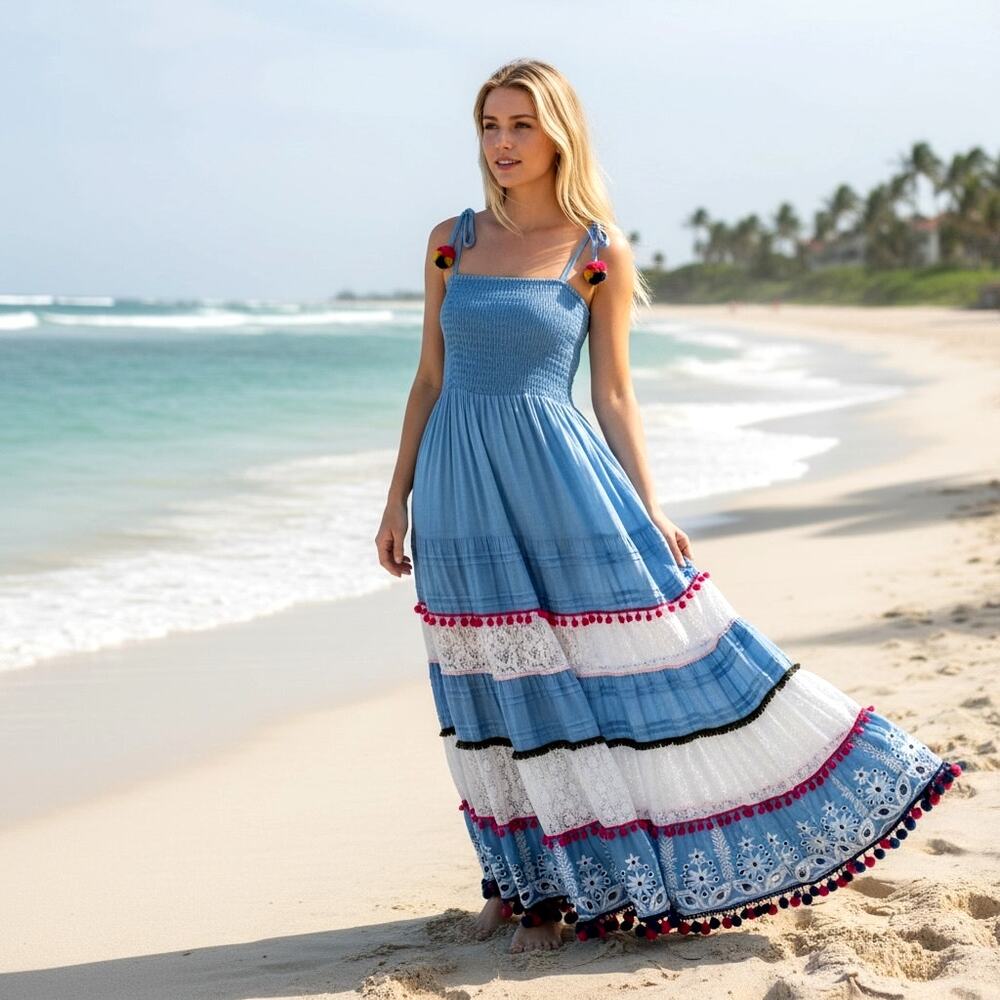Blanco de Ibiza Boho Maxi Dress S Smocked Cotton Lace Pom Pom Tiered Blue Dress - Picture 2 of 11